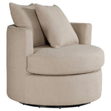 Side angle of Debbie Upholstered Swivel Accent Chair in camel fabric
