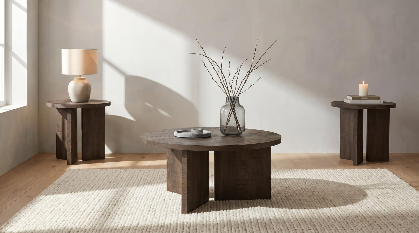 Aragon 3-Piece Round Coffee and End Table Set Dark Rustic Mango from Decor Furniture