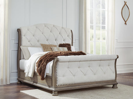 Ardenfield Light Brown Upholstered Sleigh Bedroom Set Queen 3: Bed, Dresser, Mirror from Decor Furniture