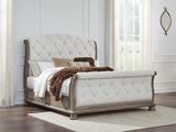 Ardenfield Light Brown Upholstered Sleigh Bedroom Set King 3: Bed, Dresser, Mirror from Decor Furniture