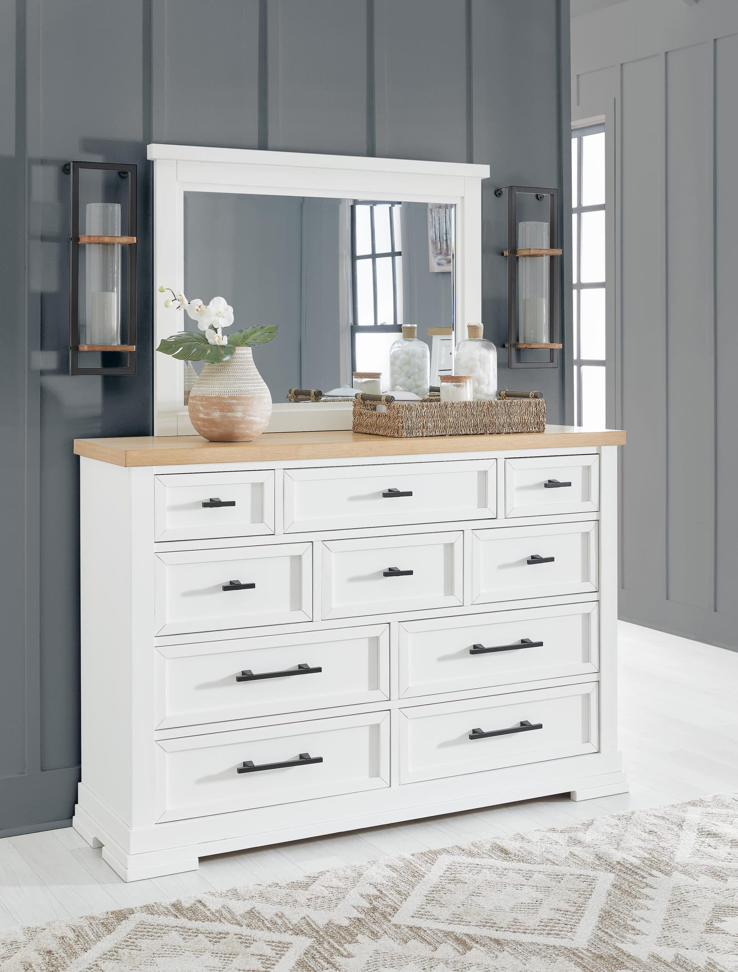 Ashbryn White/Natural Panel Storage Bedroom Set Queen 3: Bed, Dresser, Mirror from Decor Furniture