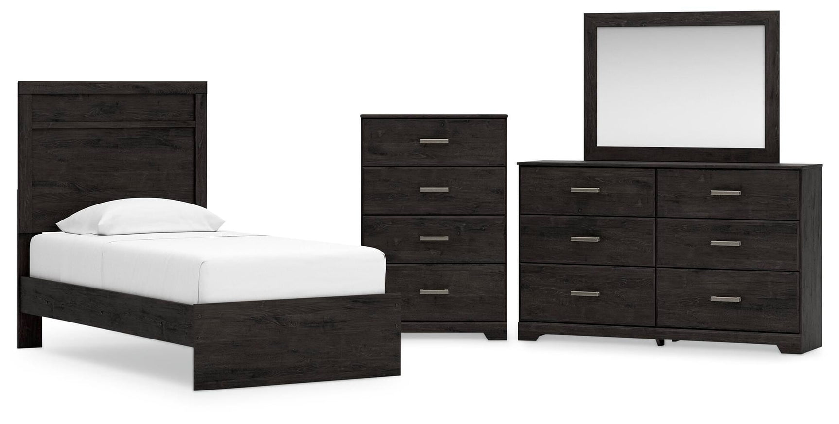Belachime Charcoal Panel Bedroom Set Twin 4: Bed, Dresser, Mirror, Chest from Decor Furniture