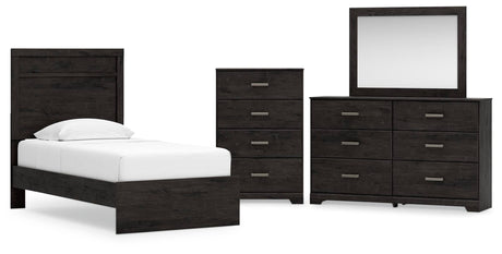 Belachime Charcoal Panel Bedroom Set Twin 4: Bed, Dresser, Mirror, Chest from Decor Furniture