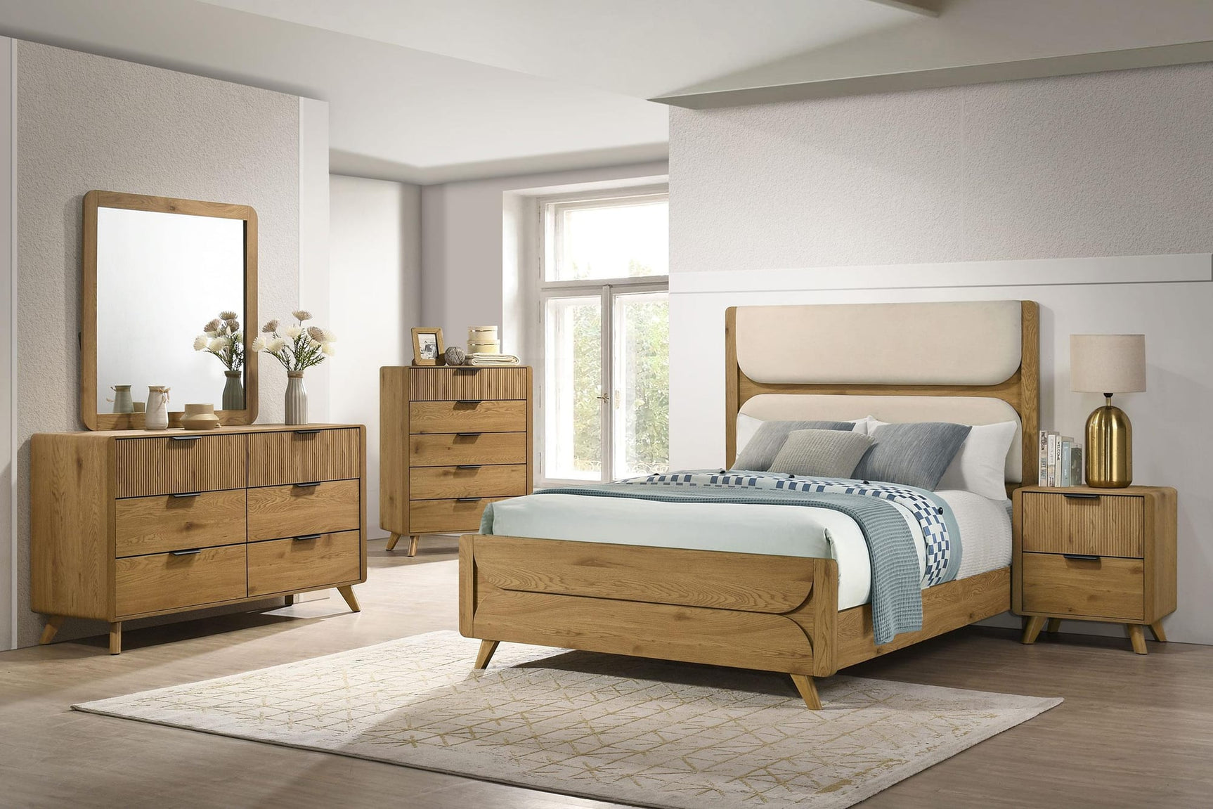 Bennett Full Mid-Century Fabric Upholstered Panel Bed Light Oak and Cream view 10