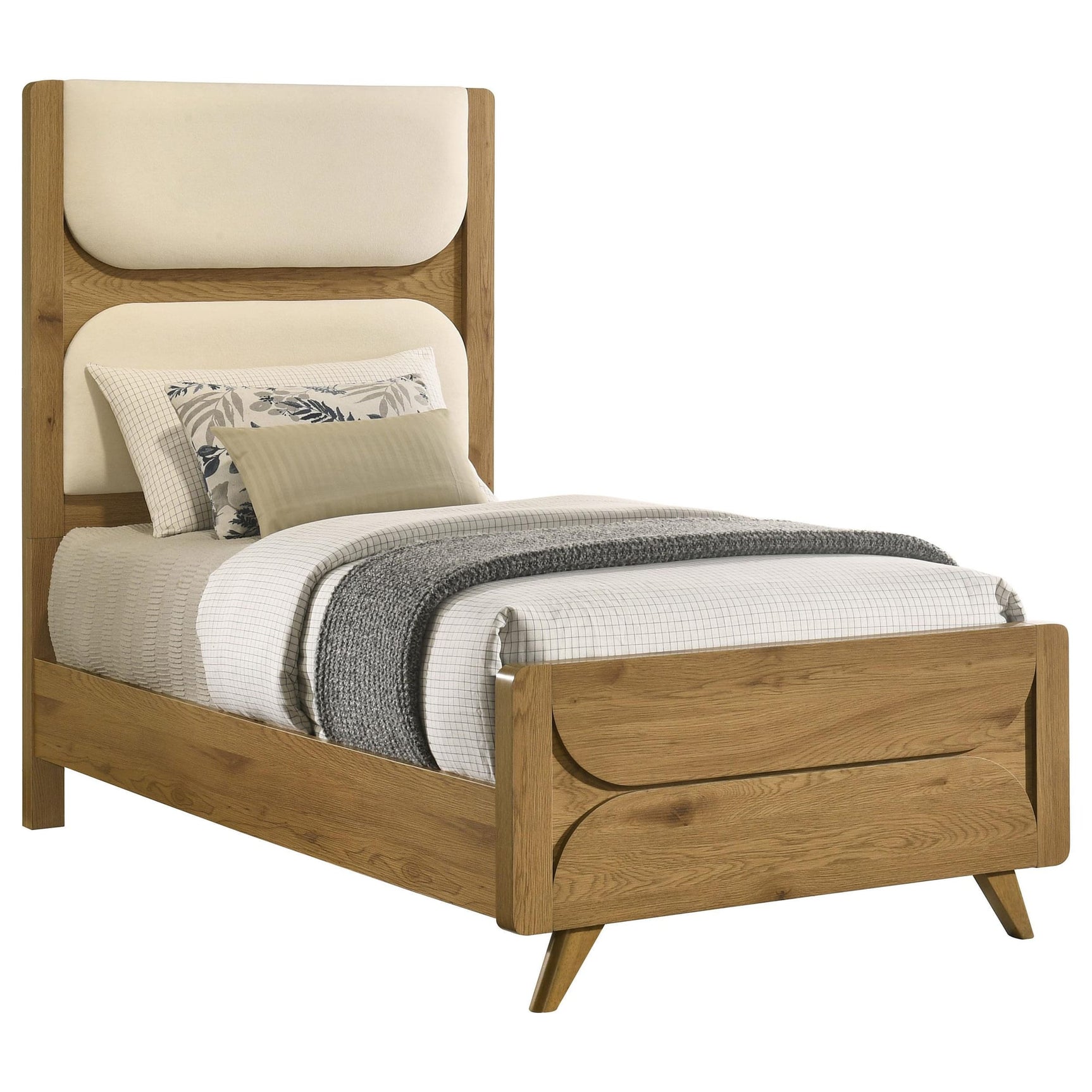 Bennett Twin Mid-Century Fabric Upholstered Panel Bed Light Oak and Cream view 2