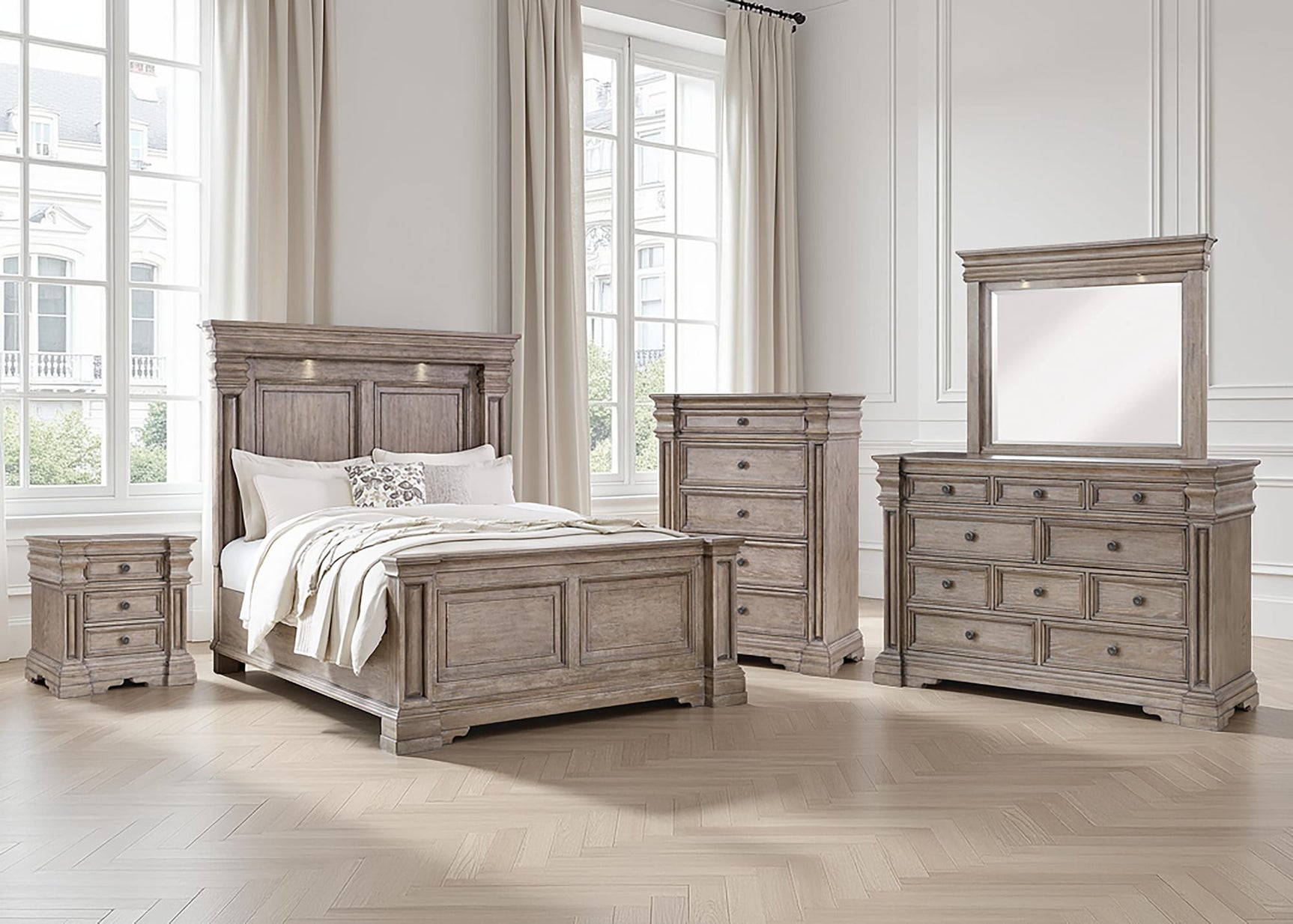 Blairhurst Light Grayish Brown Panel Bedroom Set Queen 5: Bed, Dresser, Mirror, Chest, NightStand from Decor Furniture