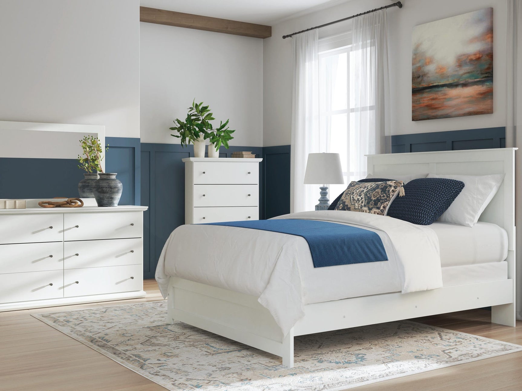 Bostwick White Shoals Panel Bedroom Set Queen 4: Bed, Dresser, Mirror, Chest from Decor Furniture