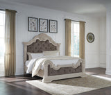 Bruchandi Antique White Upholstered Panel Bedroom Set King 3: Bed, Dresser, Mirror from Decor Furniture