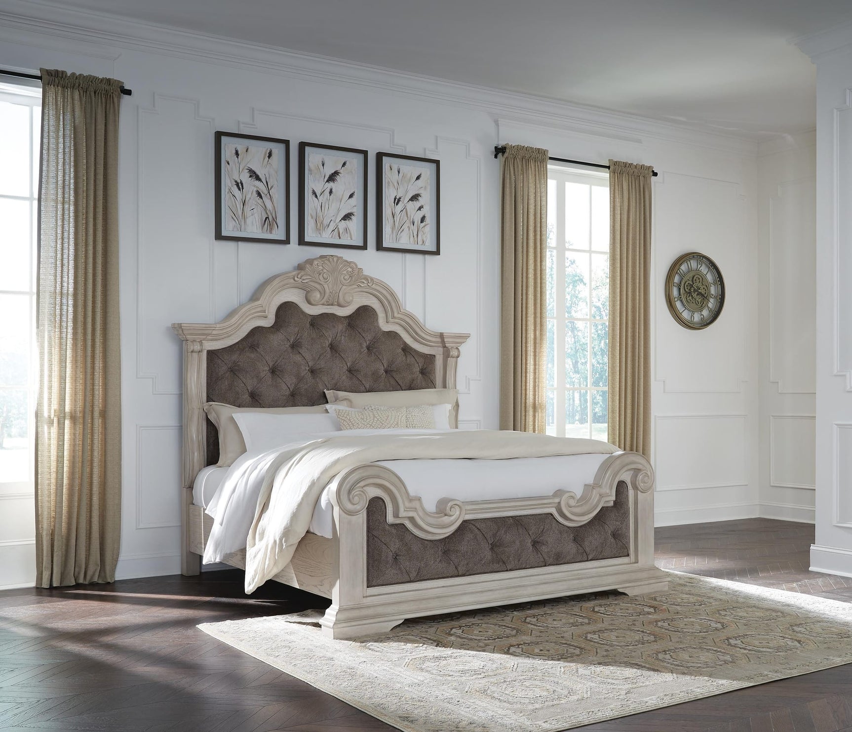 Bruchandi Antique White Upholstered Panel Bedroom Set King 3: Bed, Dresser, Mirror from Decor Furniture