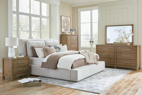 Cabalynn Light Brown Upholstered Bedroom Set King 5: Bed, Dresser, Mirror, Chest, NightStand from Decor Furniture