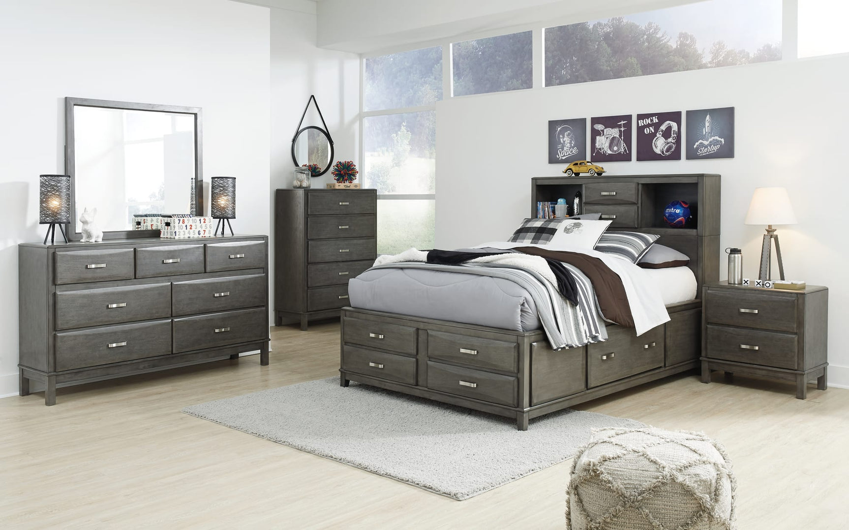 Caitbrook Gray Bedroom Set with 7 Storage Drawers Queen 5: Bed, Dresser, Mirror, NightStand, Chest from Decor Furniture
