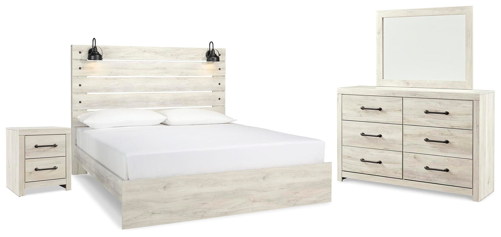 Cambeck Whitewash Panel Bedroom Set King 4: Bed, Dresser, Mirror, NightStand from Decor Furniture
