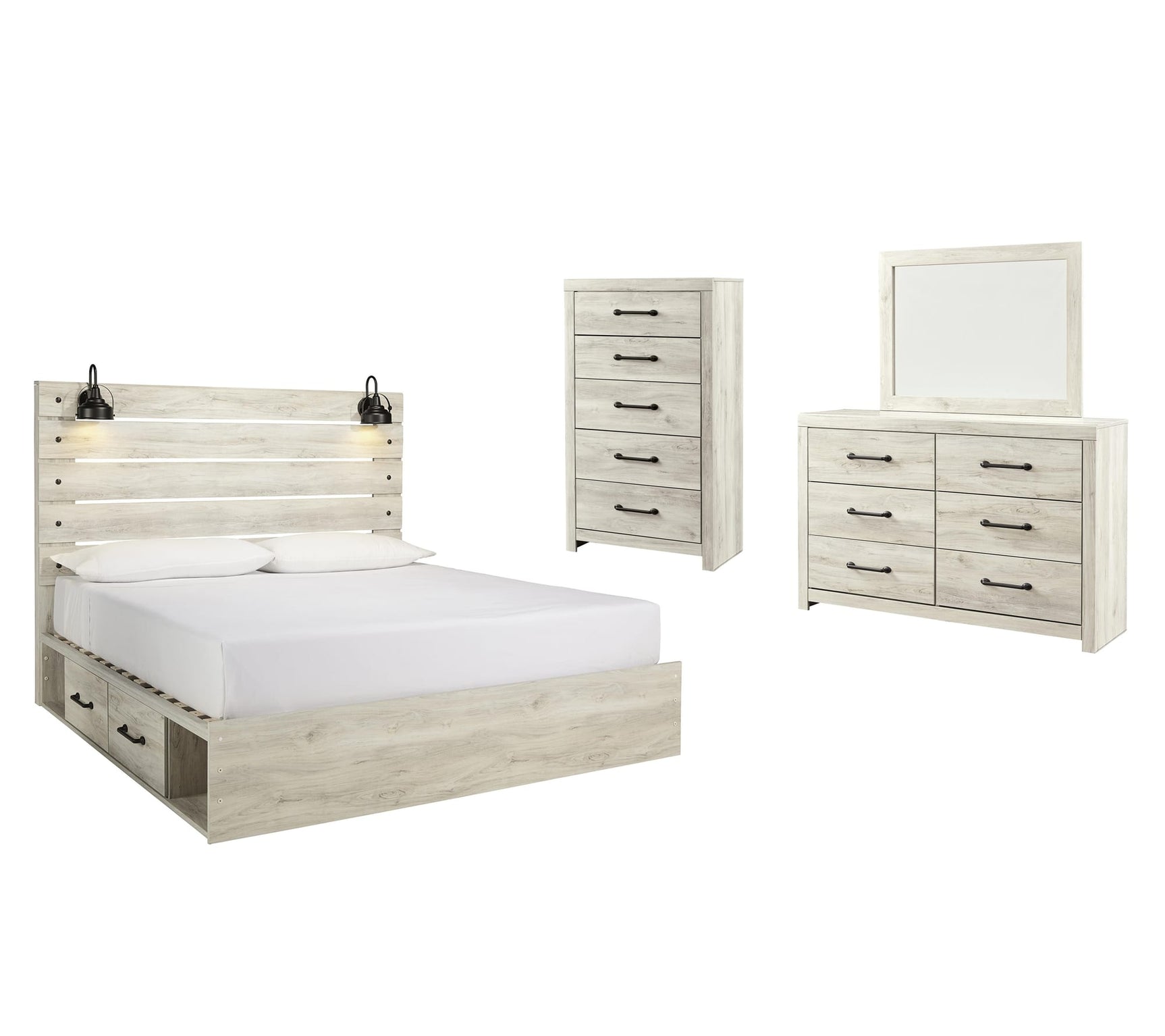 Cambeck Whitewash Panel Bedroom Set King 5: Bed, Dresser, Mirror, Chest, NightStand from Decor Furniture