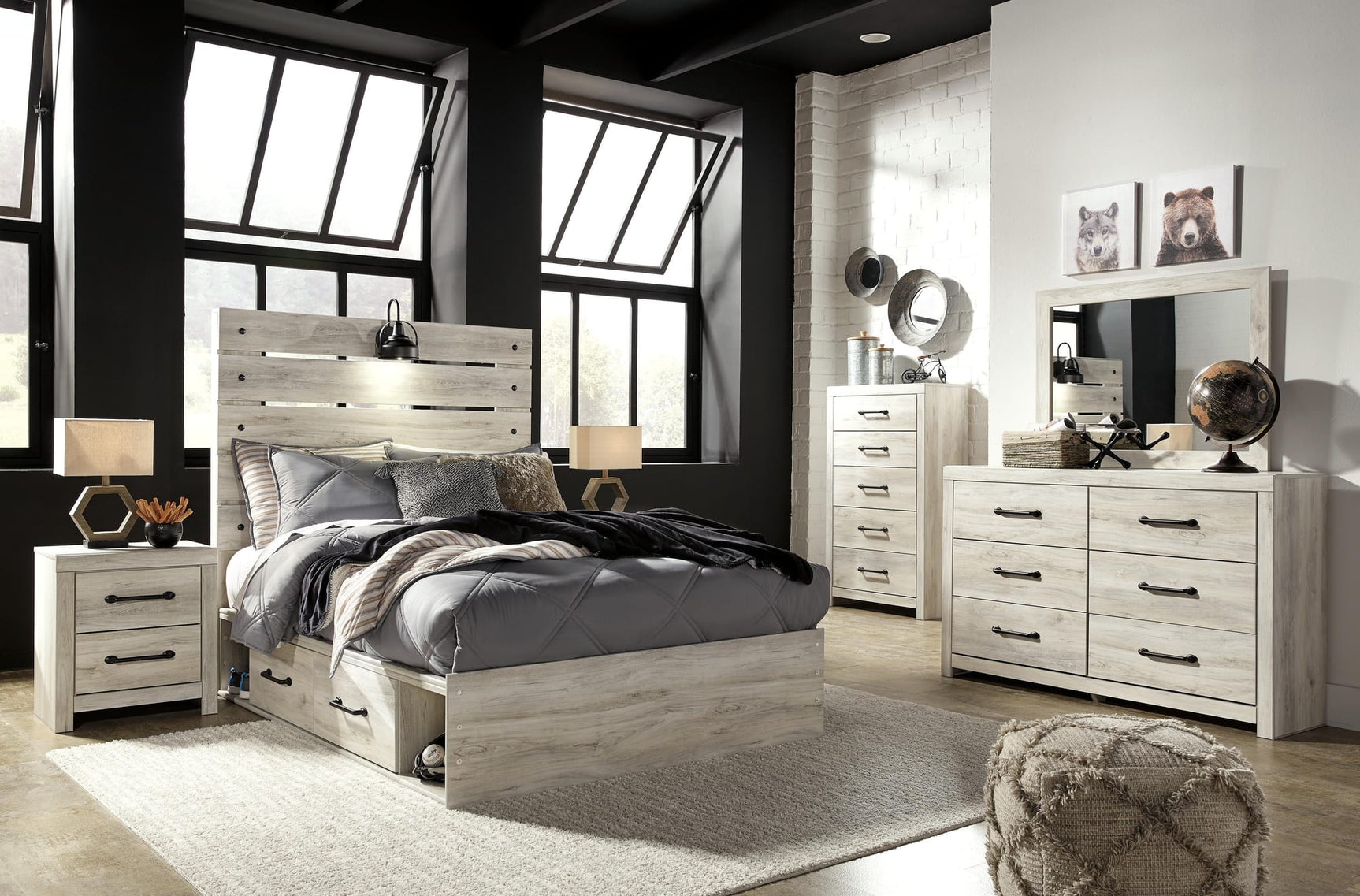 Cambeck Whitewash Panel Bedroom Set with Multiple Sizes and Configurations Full 5: Bed, Dresser, Mirror, Chest, NightStand from Decor Furniture