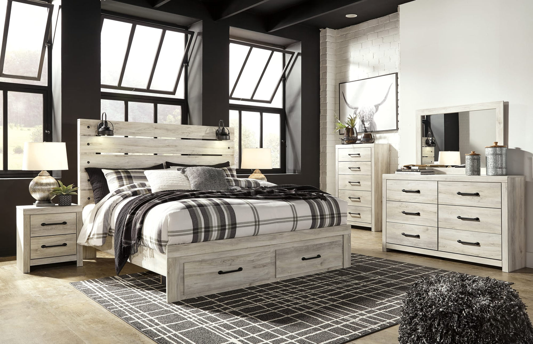 Cambeck Whitewash Panel Bedroom Set with Storage King 3: Bed, Dresser, Mirror from Decor Furniture