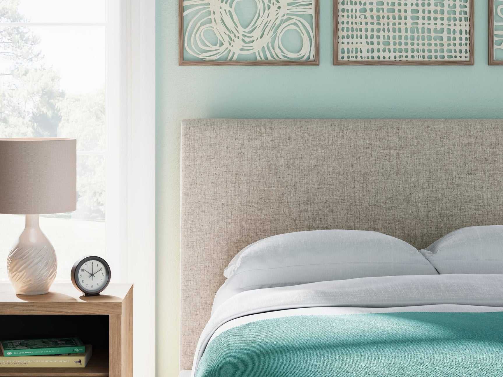 Cielden Soft Gray Upholstered Bedroom Set Full 3: Bed, Dresser, Mirror from Decor Furniture