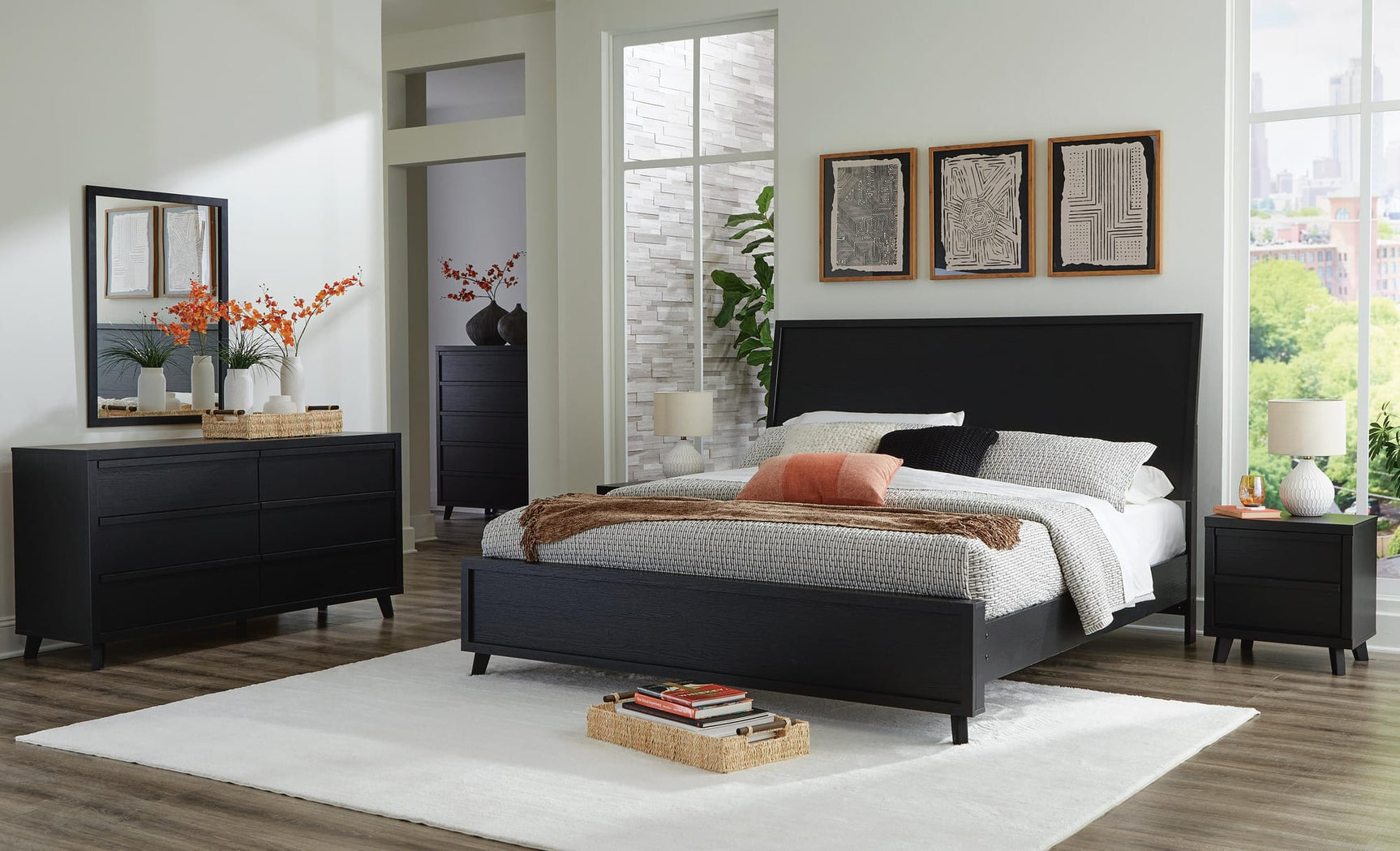 Danziar Black Panel Bedroom Set King 4: Bed, Dresser, Mirror, Chest from Decor Furniture