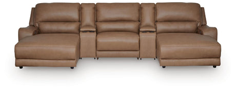 DeepWakes Caramel Leather 5-Piece Reclining Sectional with Double Chaise and Storage Consoles view 2