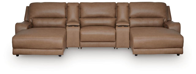 DeepWakes Caramel Leather 5-Piece Reclining Sectional with Double Chaise and Storage Consoles view 2