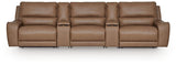 DeepWakes Caramel Leather 5-Piece Reclining Sectional with Storage Consoles view 2