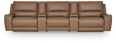 DeepWakes Caramel Leather 5-Piece Reclining Sectional with Storage Consoles view 2