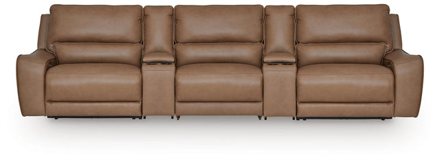 DeepWakes Caramel Leather 5-Piece Reclining Sectional with Storage Consoles view 2
