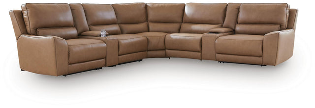 DeepWakes Caramel Leather 7-Piece Reclining Sectional with Storage Consoles view 2