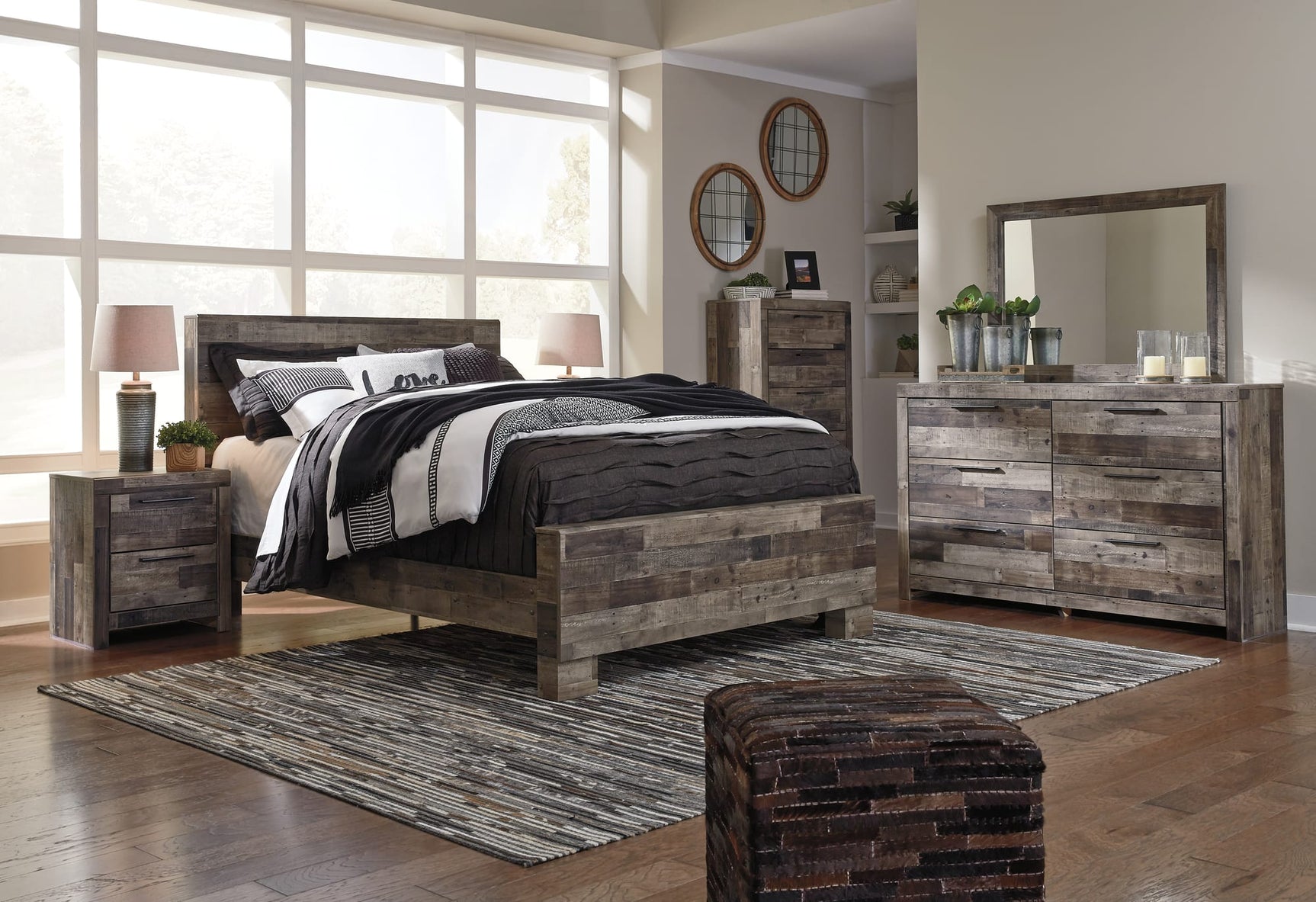 Derekson Multi Gray Panel Bedroom Set by Ashley King 3: Bed, Dresser, Mirror from Decor Furniture