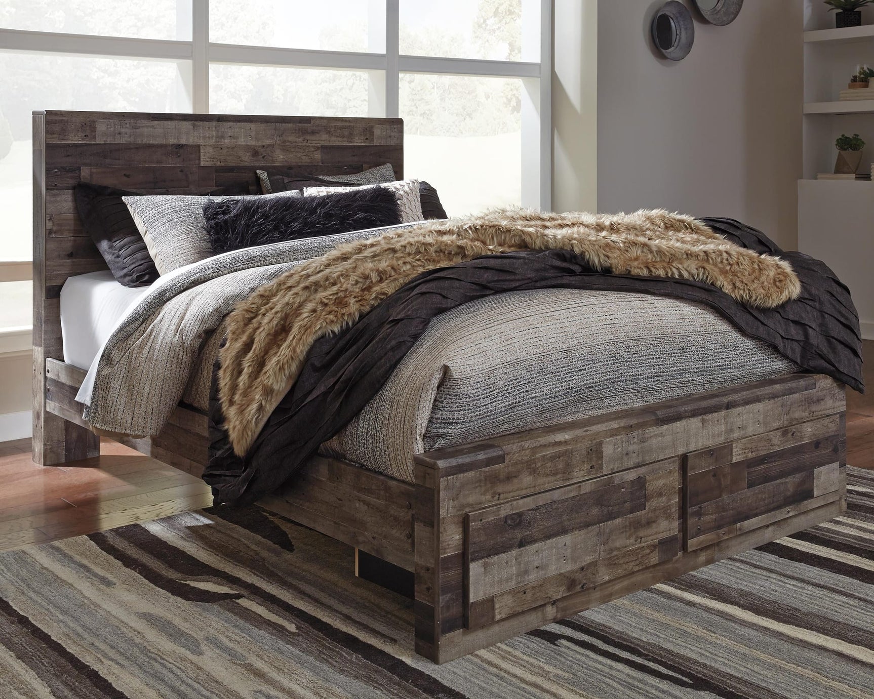 Derekson Multi Gray Panel Bedroom Set by Ashley Queen 4: Bed, Dresser, Mirror, NightStand from Decor Furniture