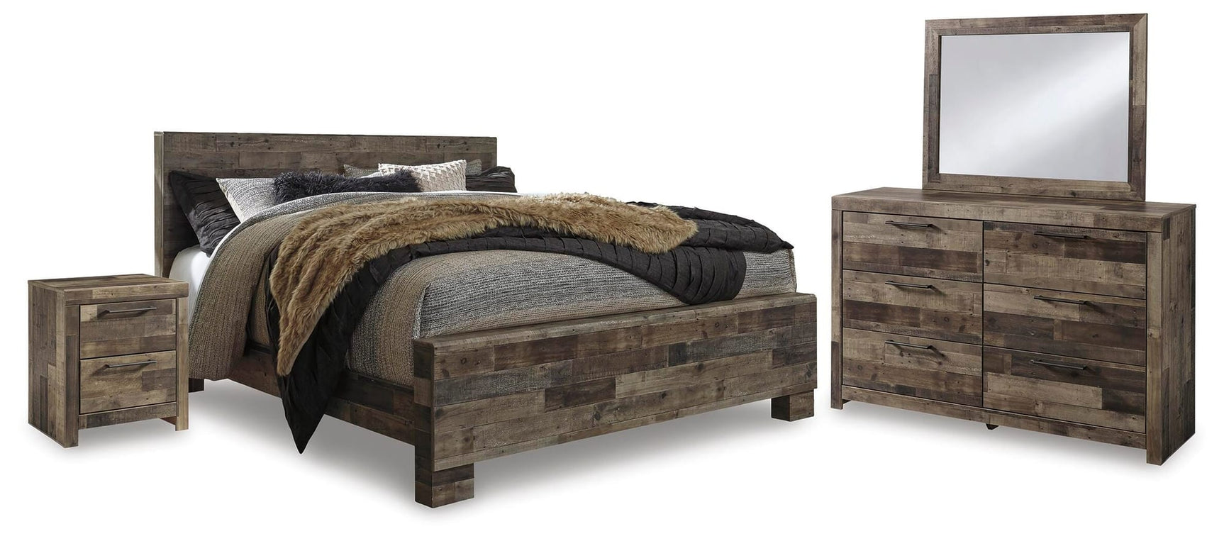 Derekson Multi Gray Panel Bedroom Set by Ashley King 4: Bed, Dresser, Mirror, NightStand from Decor Furniture