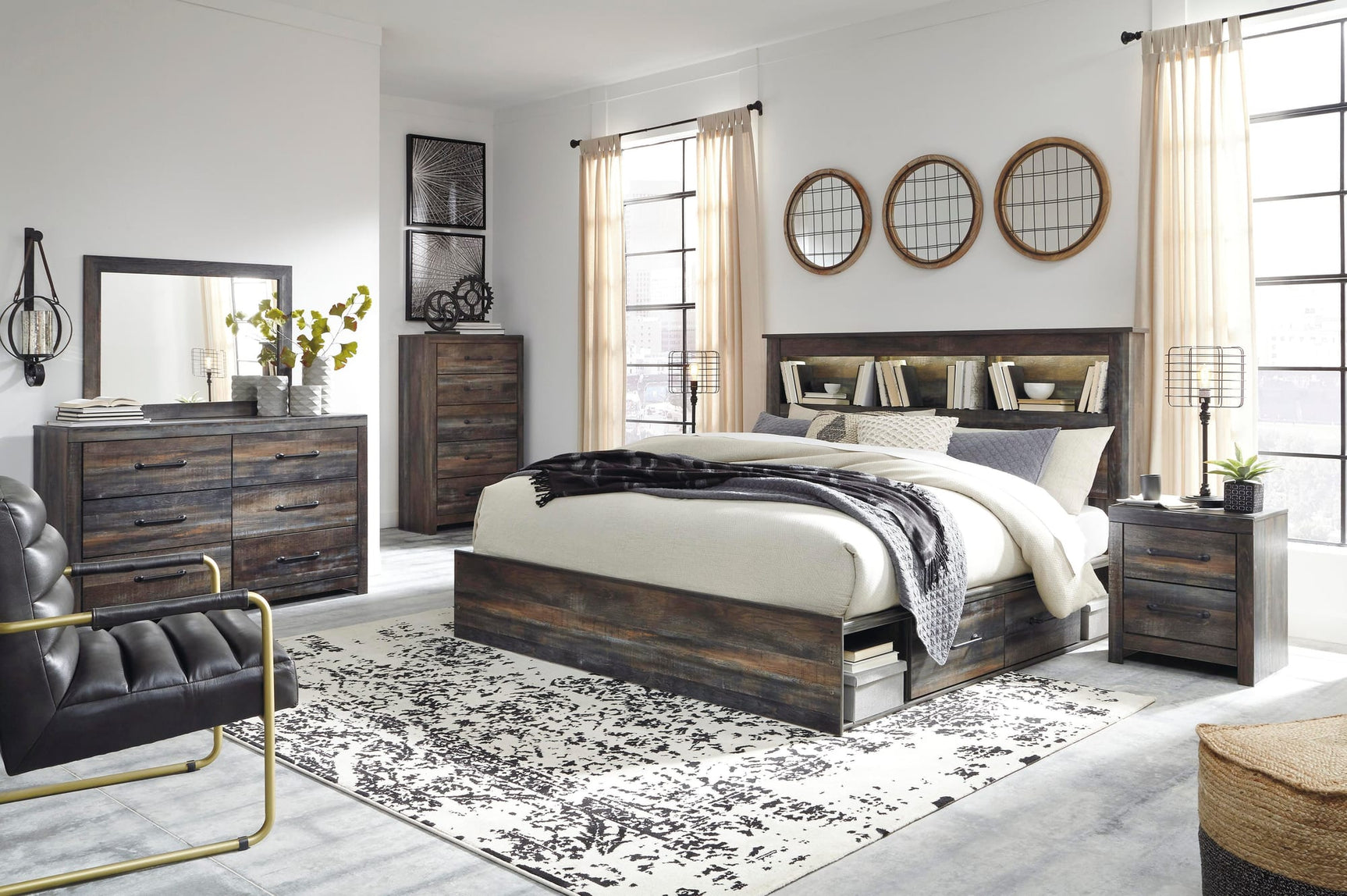 Drystan Multi Bookcase Bedroom Set with LED Headboard - Queen and Full Sizes King 3: Bed, Dresser, Mirror from Decor Furniture