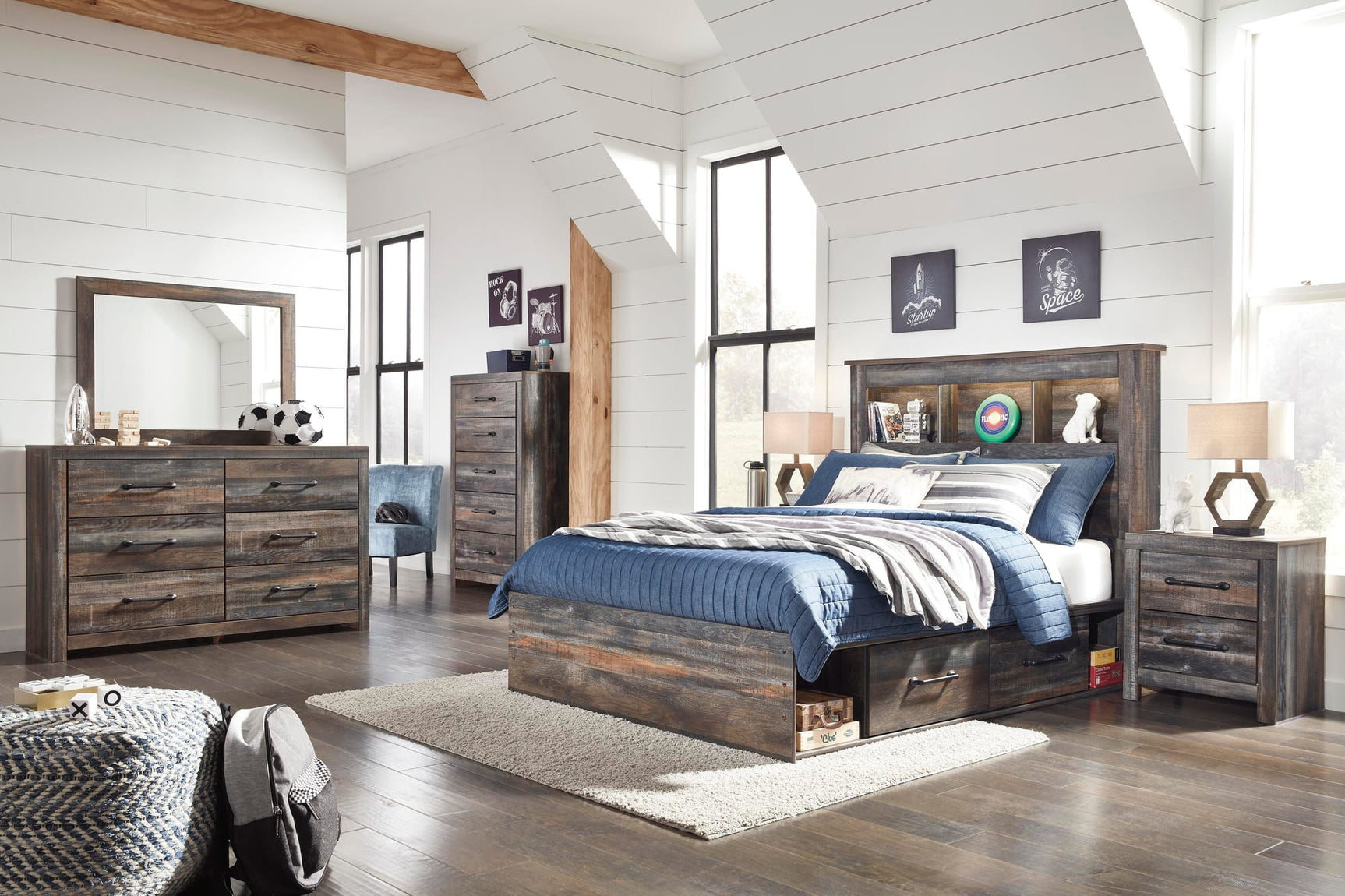 Drystan Multi Bookcase Bedroom Set with LED Headboard - Queen and Full Sizes Full 5: Bed, Dresser, Mirror, Chest, NightStand from Decor Furniture