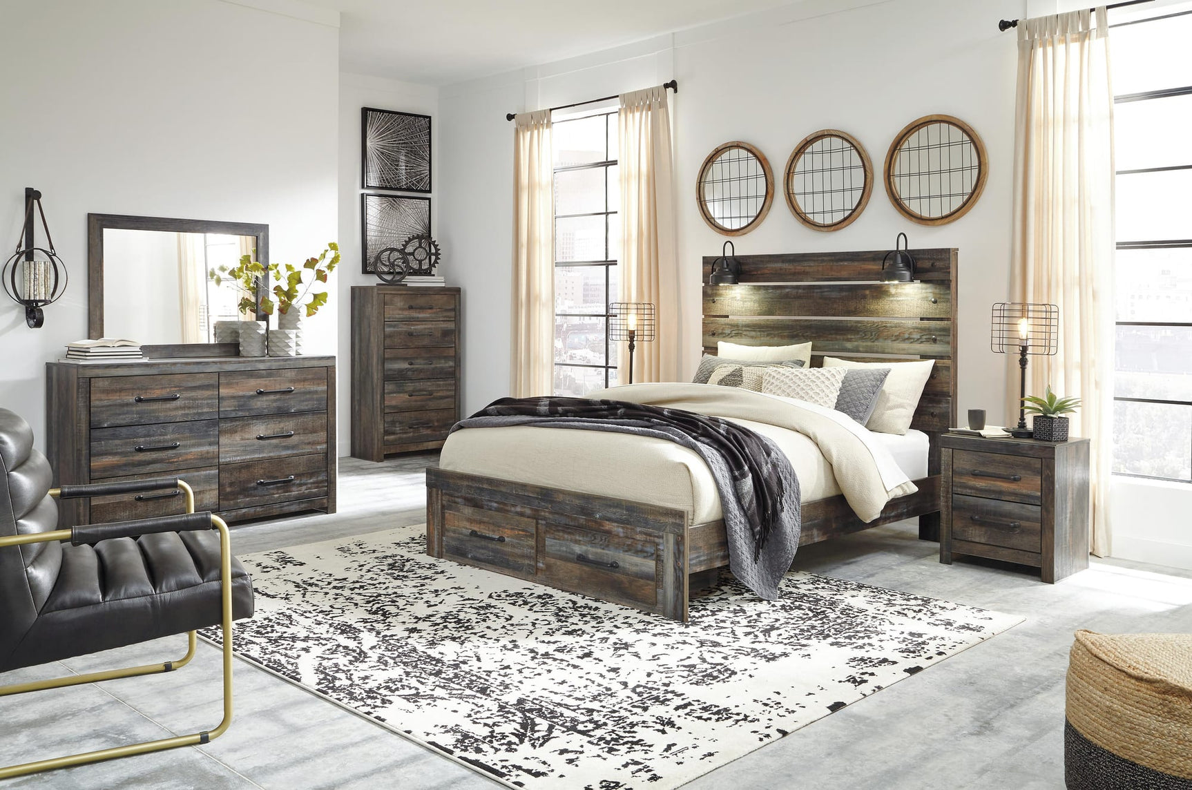 Drystan Multi Panel Bedroom Set Queen 5: Bed, Dresser, Mirror, Chest, NightStand from Decor Furniture
