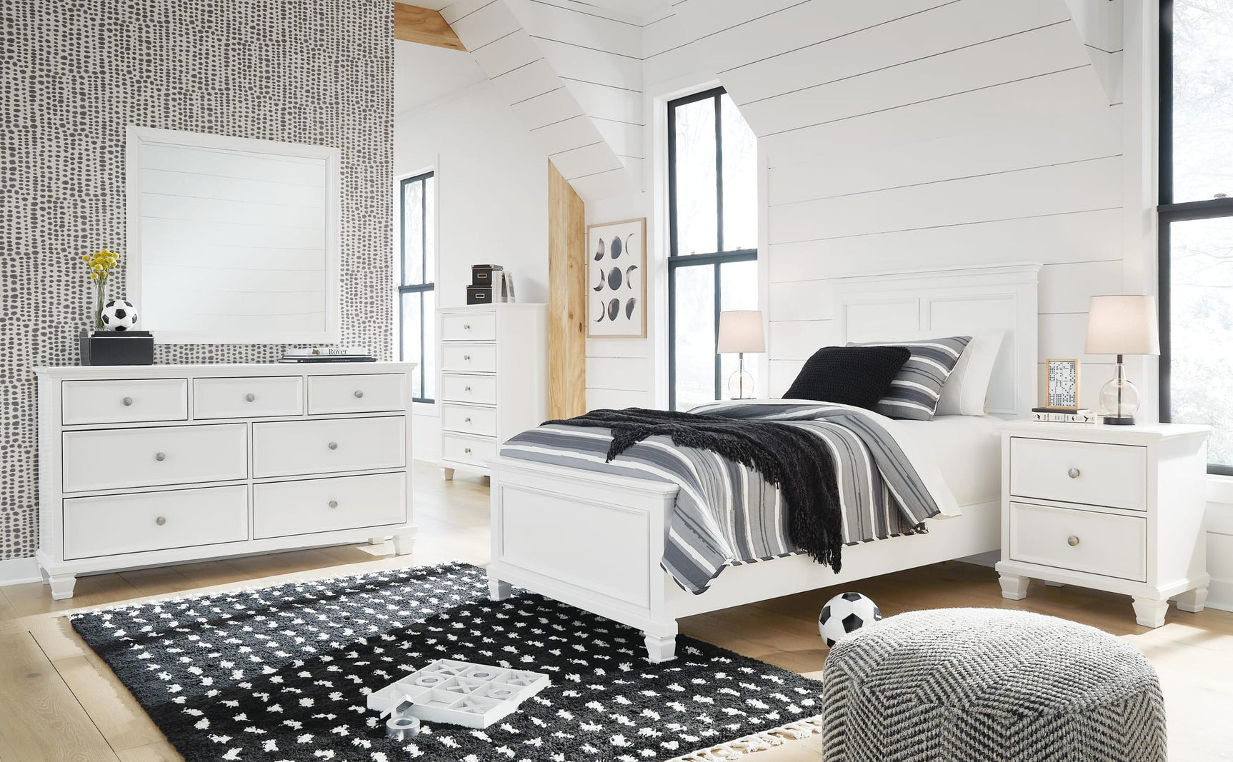 Fortman White Panel Bedroom Set Twin 4: Bed, Dresser, Mirror, Chest from Decor Furniture