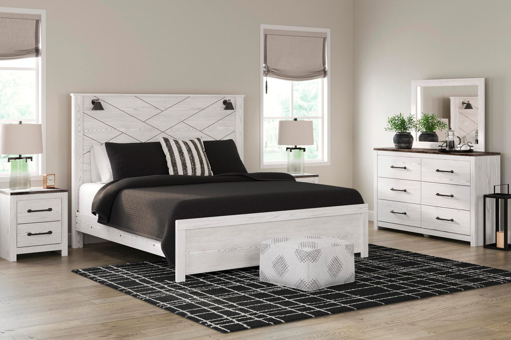 Gerridan White/Gray Panel Bedroom Set King 3: Bed, Dresser, Mirror from Decor Furniture