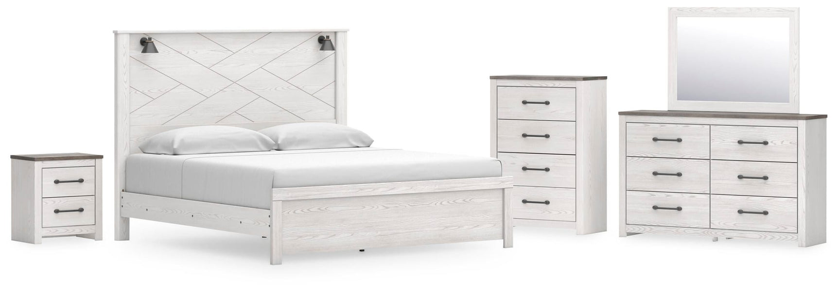 Gerridan White/Gray Panel Bedroom Set King 5: Bed, Dresser, Mirror, Chest, NightStand from Decor Furniture