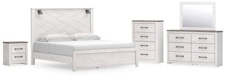 Gerridan White/Gray Panel Bedroom Set King 5: Bed, Dresser, Mirror, Chest, NightStand from Decor Furniture