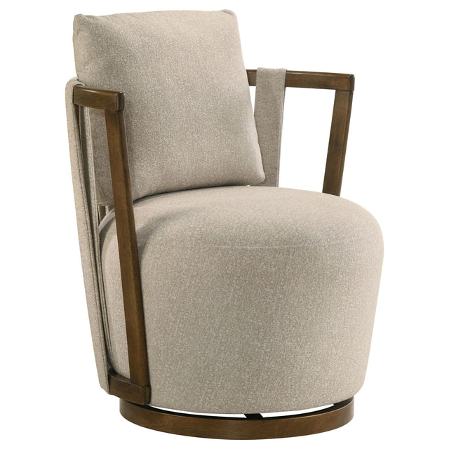 Harlowe Upholstered Swivel Accent Chair with Wood Arms Greige and Brown from Decor Furniture