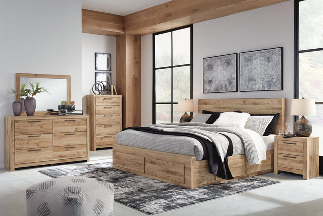 Hyanna Tan Brown Panel Bedroom Set — 6-Drawer Footboard and Under-Bed Storage