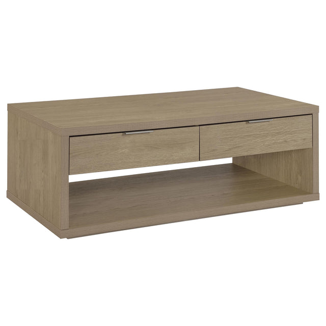 Ingram 2-Drawer Rectangular Coffee Table with Open Shelf Latte from Decor Furniture