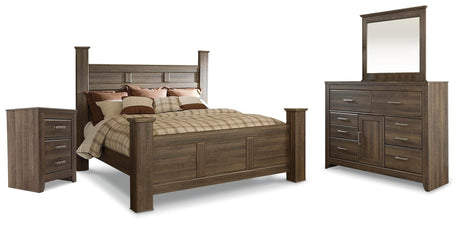 Juararo Dark Brown Poster Bedroom Set King 4: Bed, Dresser, Mirror, NightStand from Decor Furniture