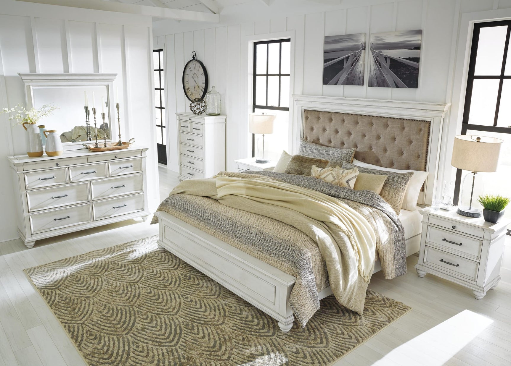 Kanwyn Whitewash Panel Bedroom Set Queen 4: Bed, Dresser, Mirror, Chest from Decor Furniture