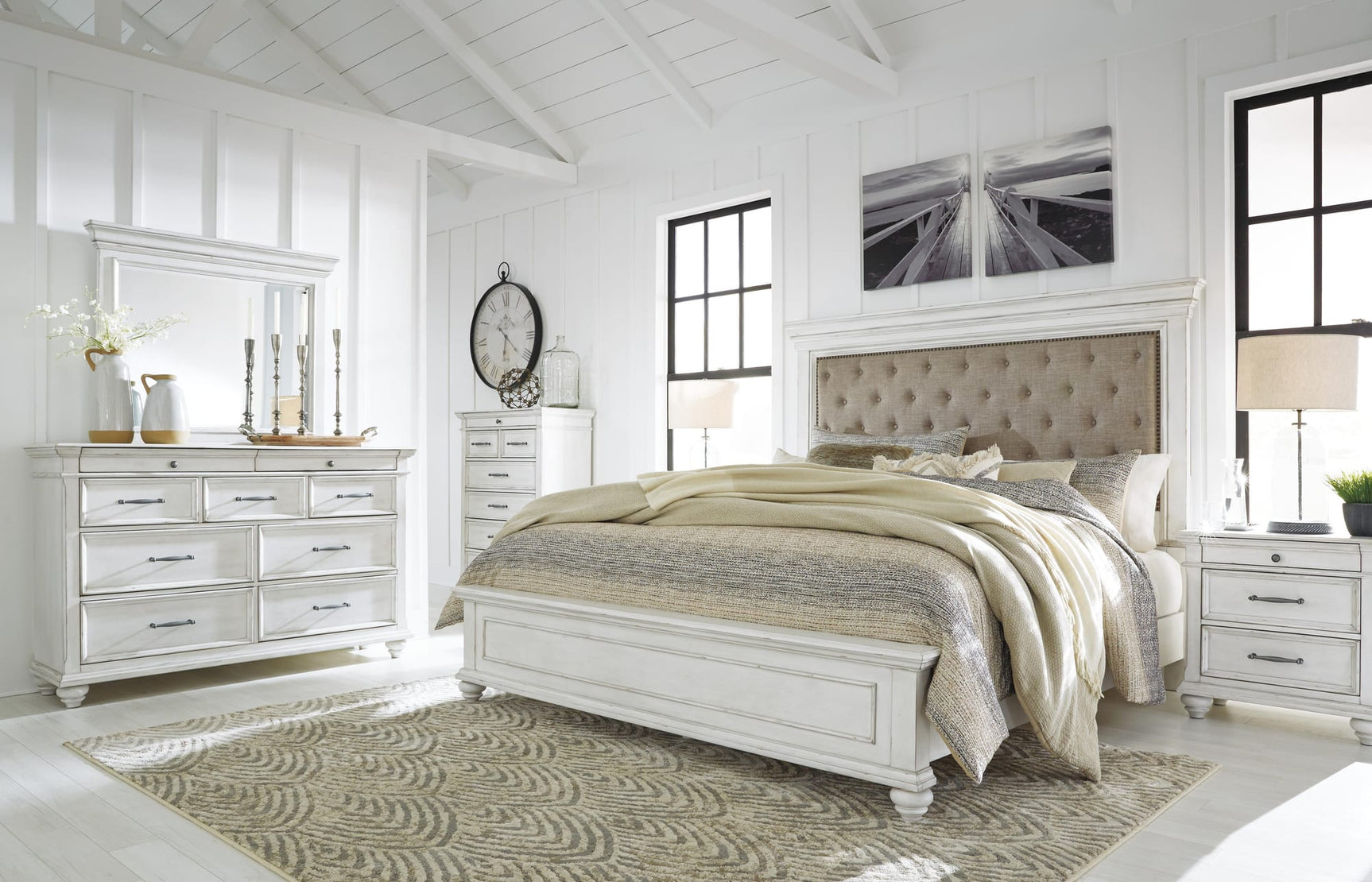 Kanwyn Whitewash Panel Bedroom Set with Multiple Configurations Queen 5: Bed, Dresser, Mirror, Chest, NightStand from Decor Furniture