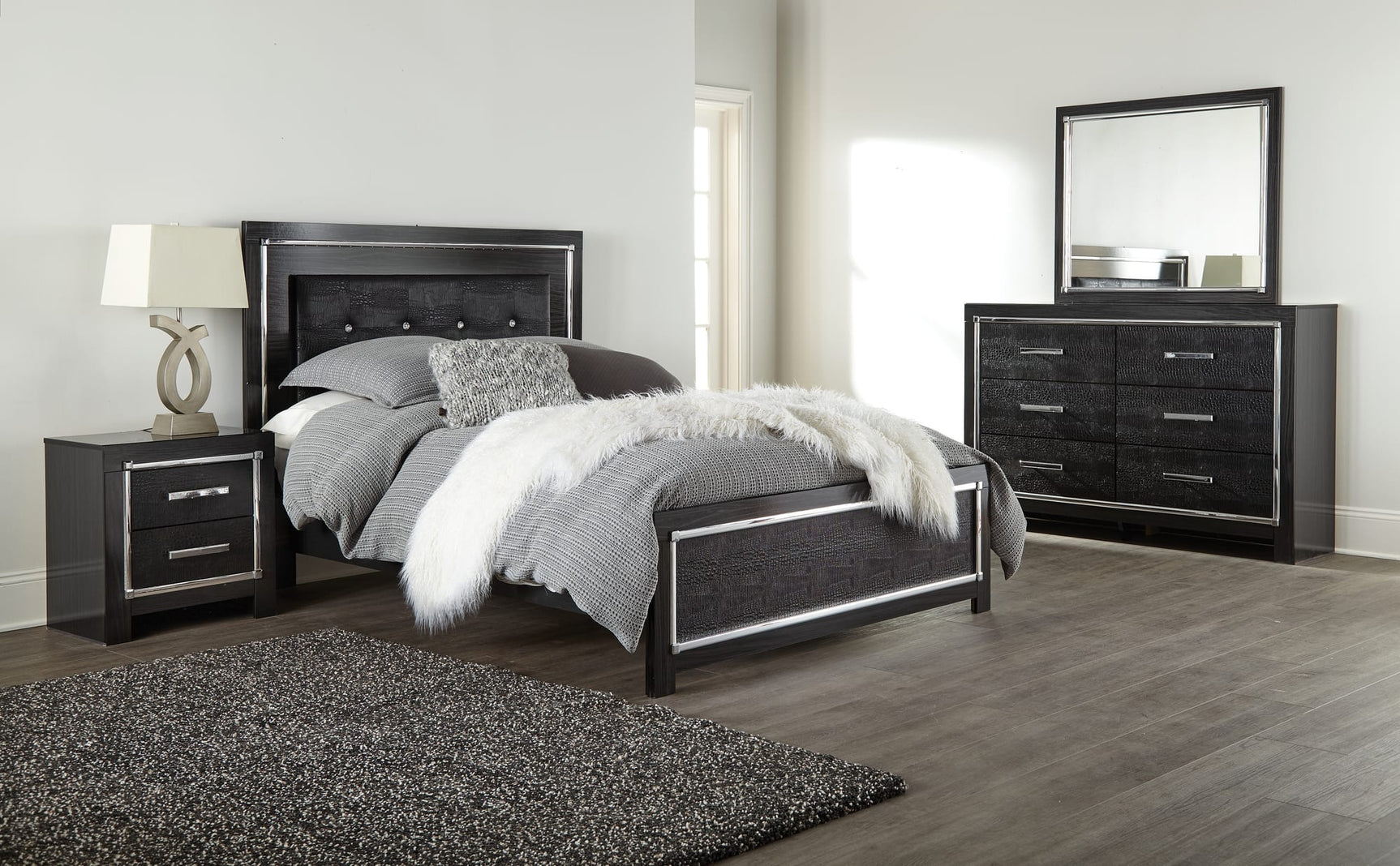 Kaydell Black Upholstered Panel Bedroom Set – Queen and King King 3: Bed, Dresser, Mirror from Decor Furniture