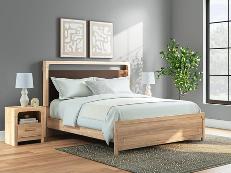 Kinlanni Tan Upholstered Platform Bedroom Set King 3: Bed, Dresser, Mirror from Decor Furniture