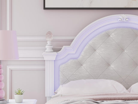 Kozlani White Upholstered Panel Bedroom Set Full 3: Bed, Dresser, Mirror from Decor Furniture