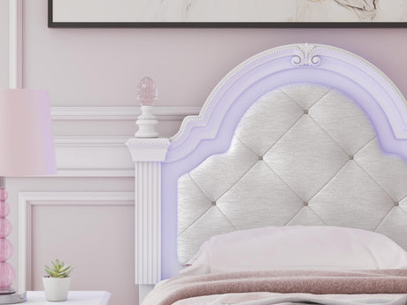 Kozlani White Upholstered Panel Bedroom Set Twin 3: Bed, Dresser, Mirror from Decor Furniture