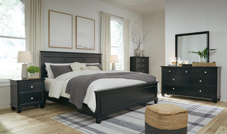 Lanolee Black Panel Bedroom Set King 5: Bed, Dresser, Mirror, Chest, NightStand from Decor Furniture