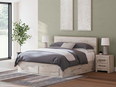 Lawroy Light Natural Panel Bedroom Set — 6-Drawer Footboard and Under-Bed Storage