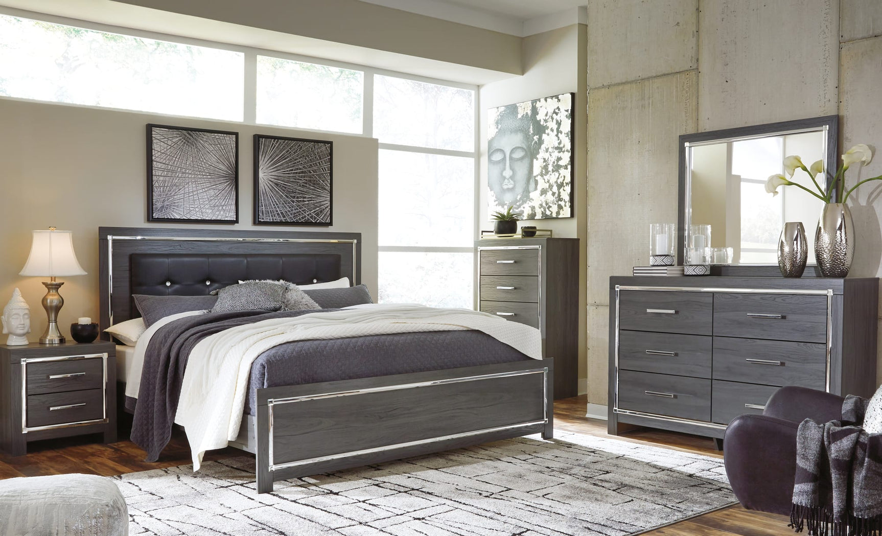 Lodanna Gray Panel Bedroom Set with Upholstered Bed and Storage King 3: Bed, Dresser, Mirror from Decor Furniture